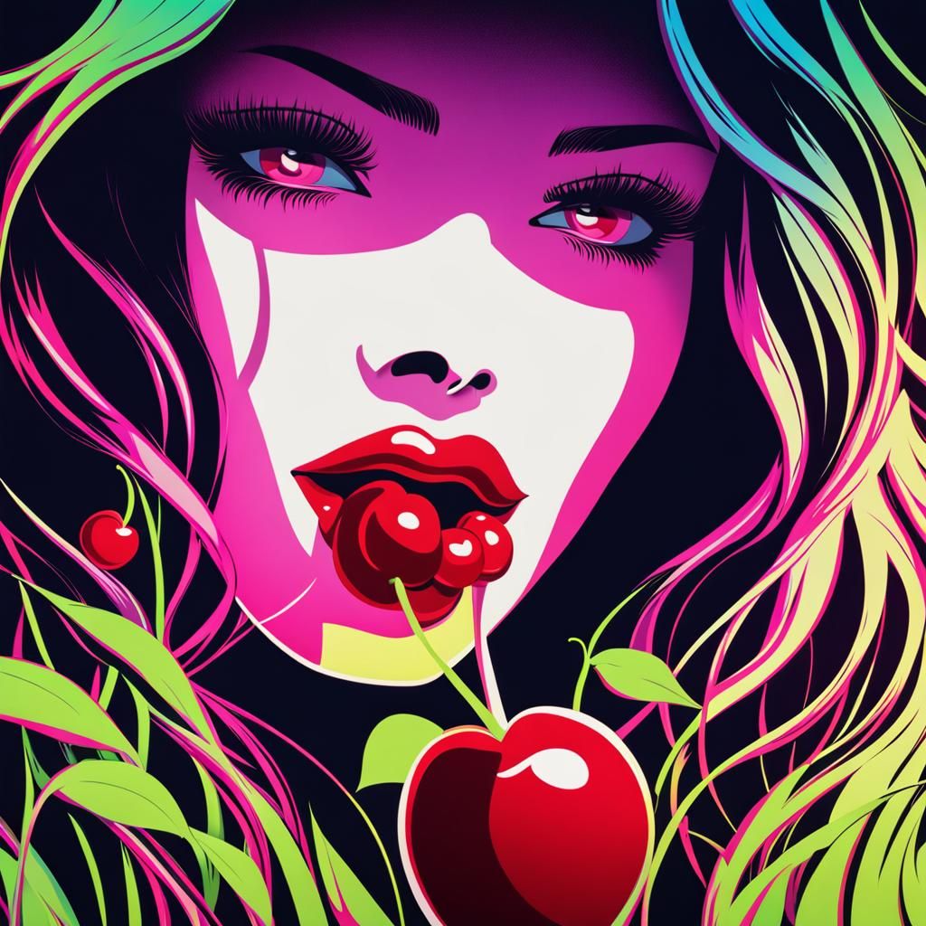 Neon Macro: Woman with Cherry Silhouette