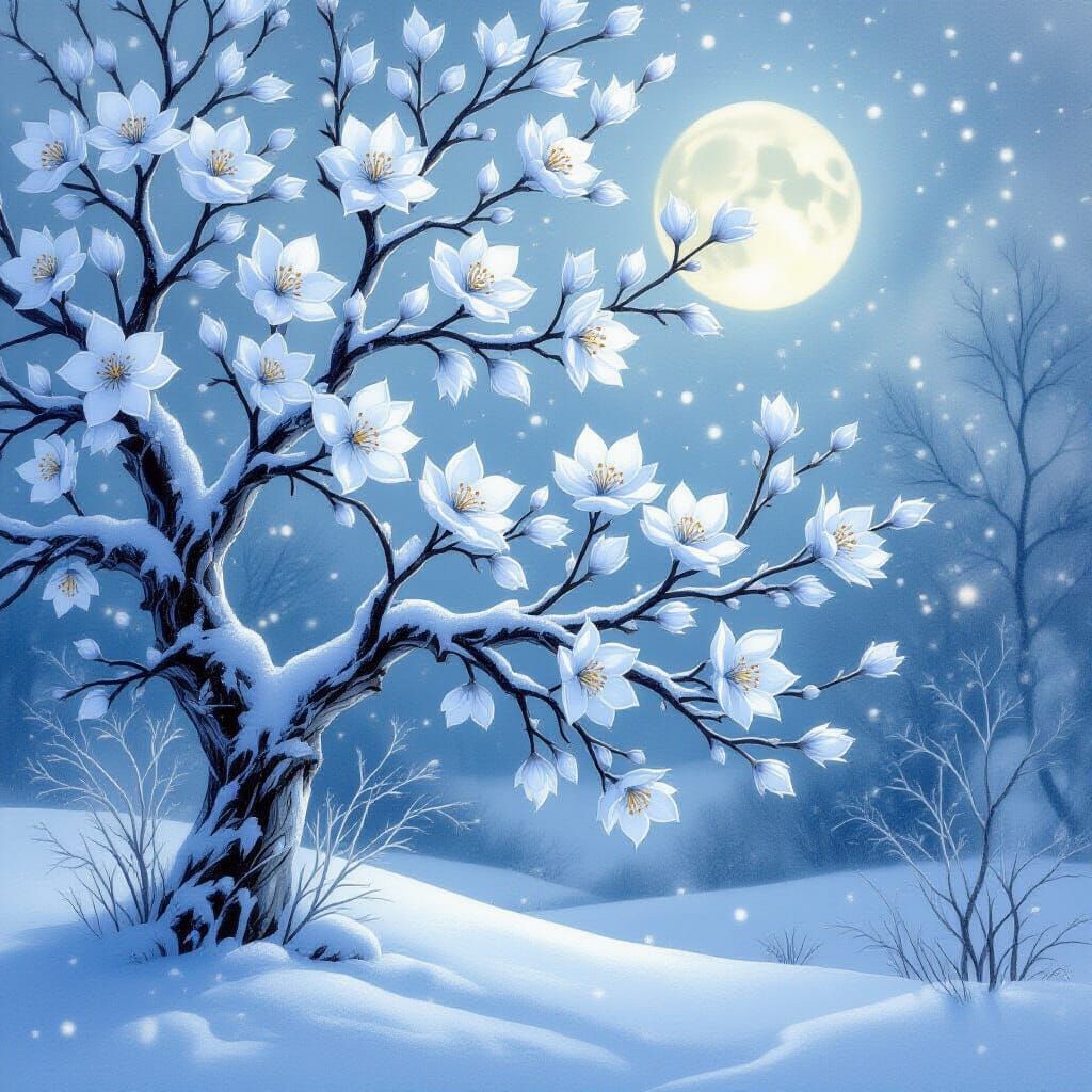 Ethereal Ice Blossoms on Frosty Tree in Moonlight