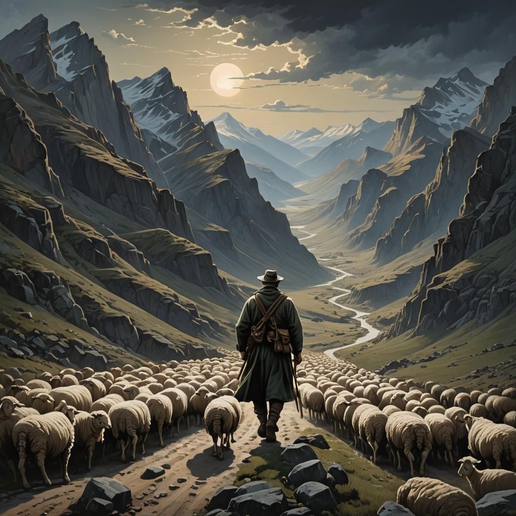 Shepherd Leads Sheep Through Treacherous Mountain Pass