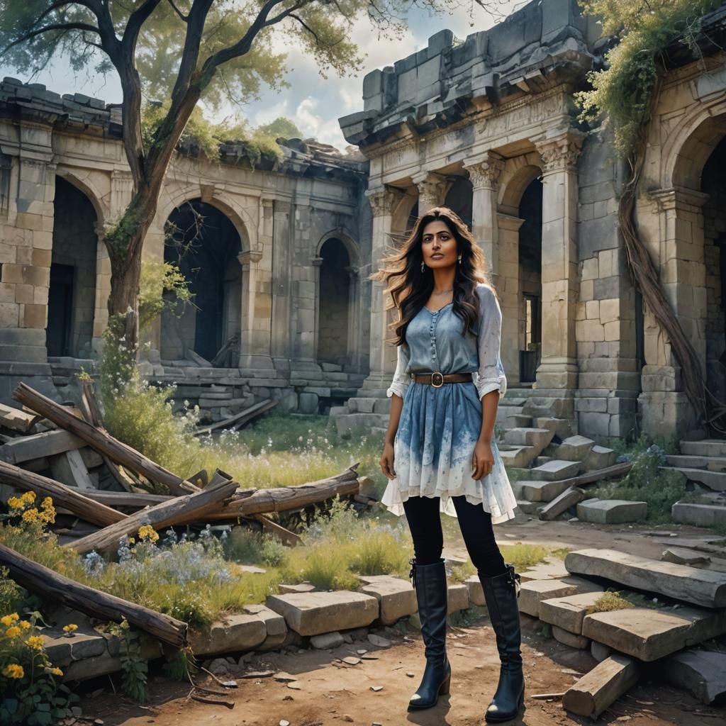Surreal Watercolor of an Indian Woman in Ruins