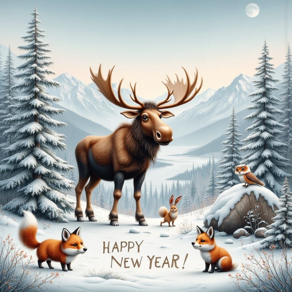 Whimsical Alaska Snowscape with Majestic Moose and Forest Fr...