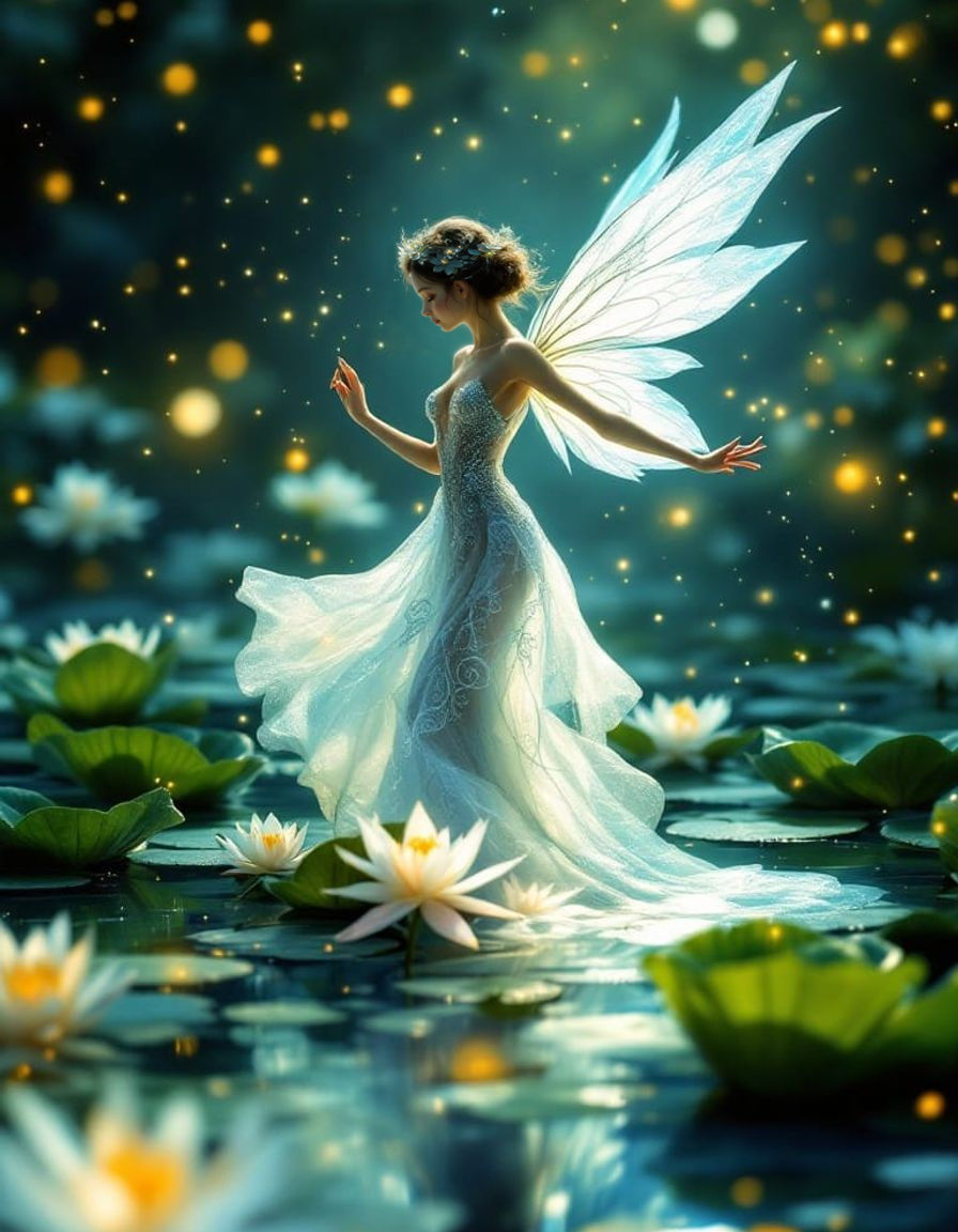 Whimsical Fairy Dances on Moonlit Water Lilies