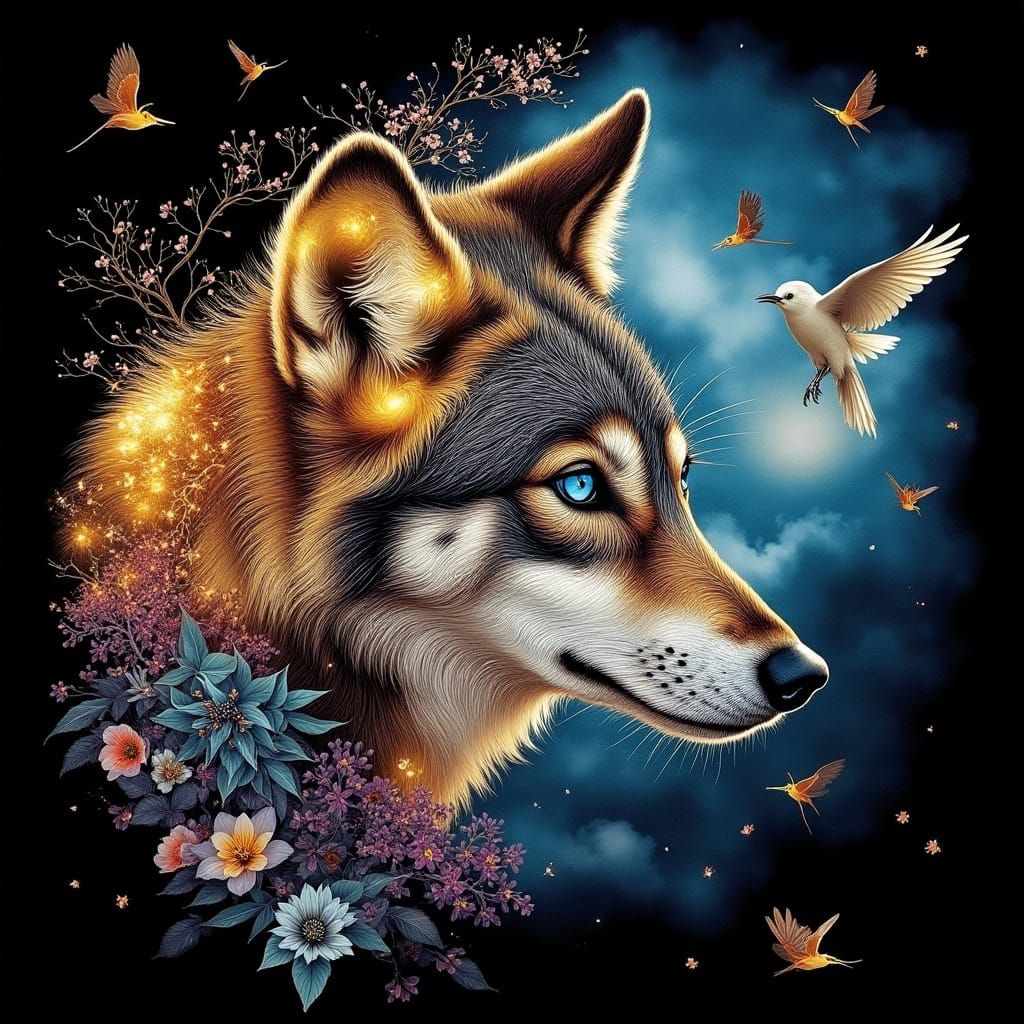 Wolf in Dreamy Sunset Landscape with Birds of Paradise