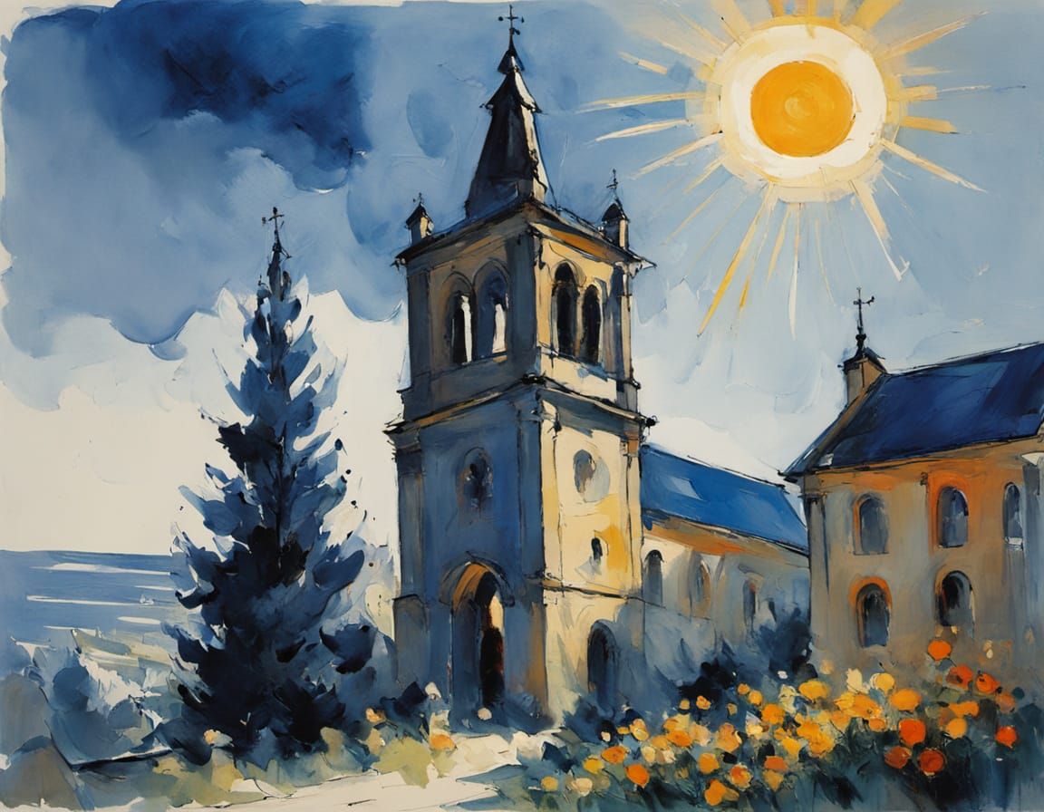Blue Church Tower: An Impressionist Style Painting