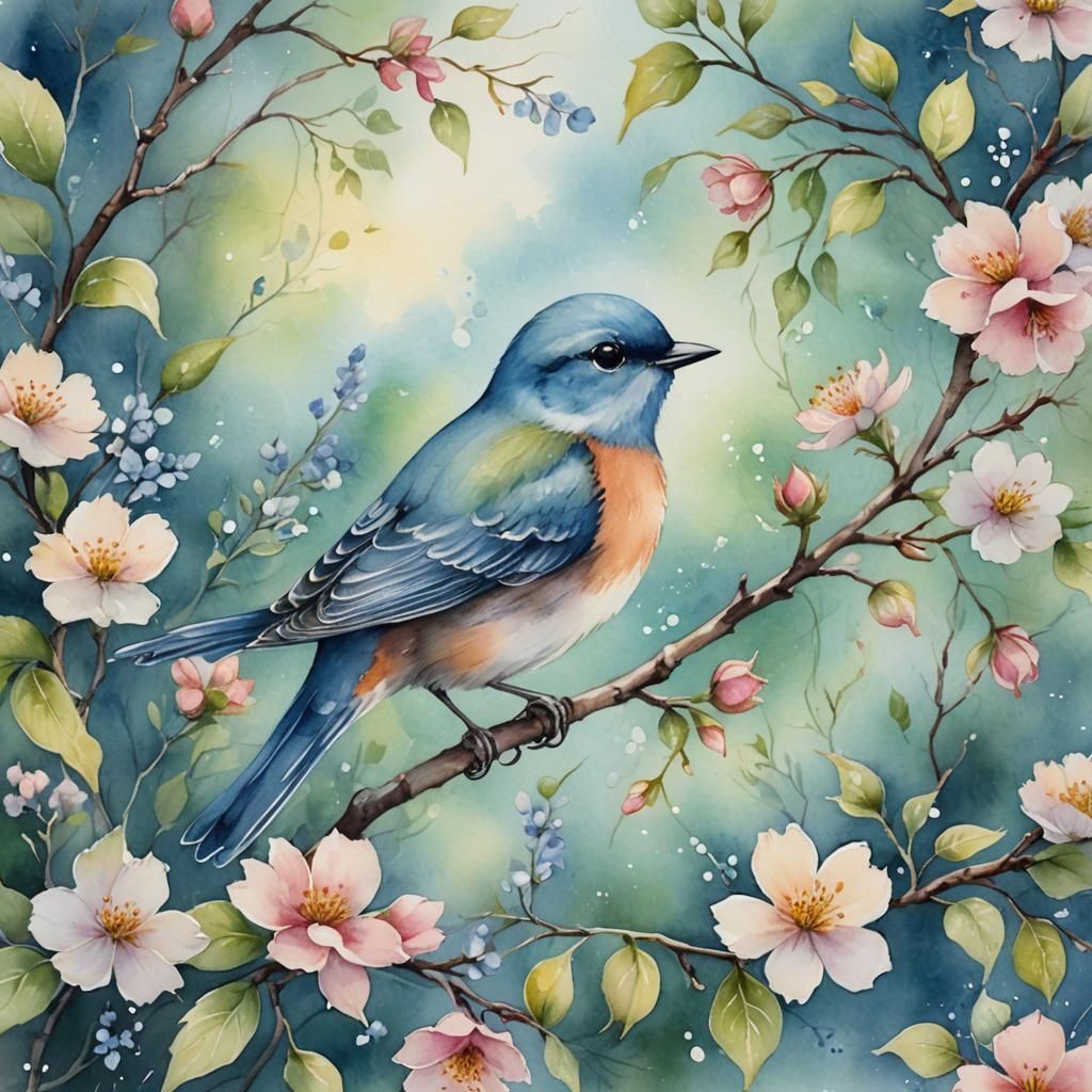 Whimsical Watercolor Bird on Blooming Branch