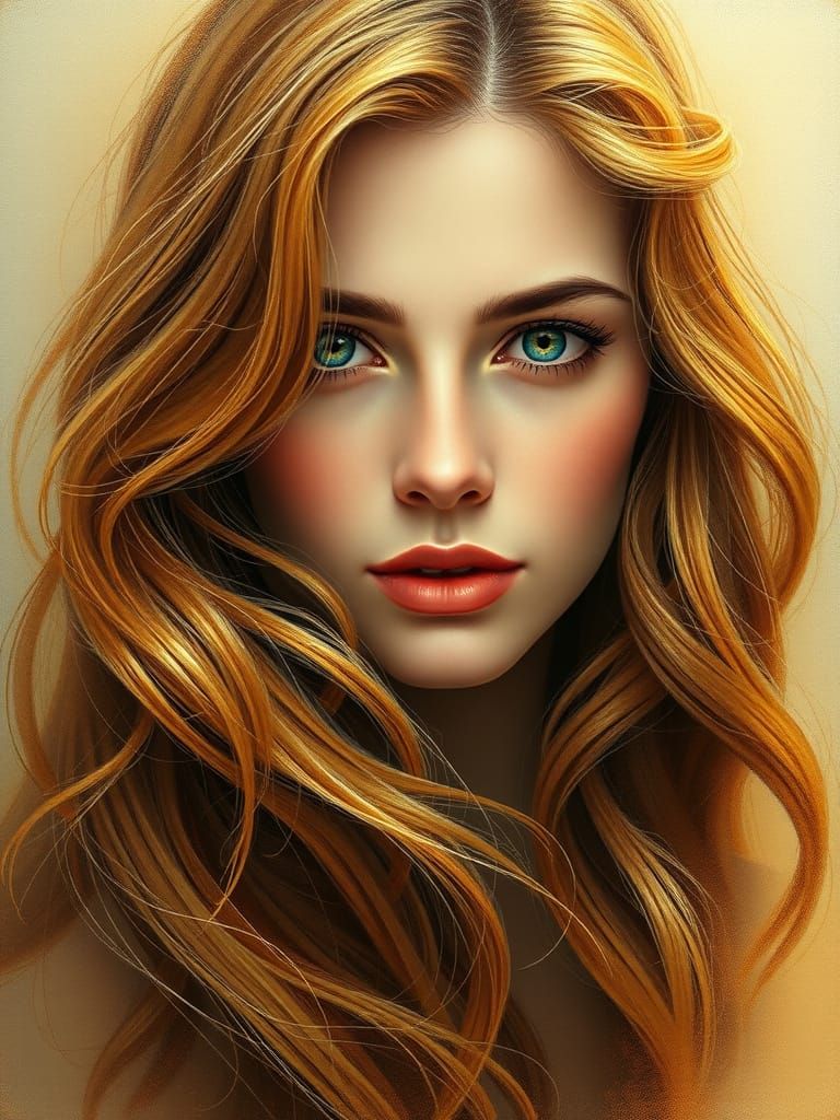 Ethereal Woman in Golden-Hued Hair, Impressionist Portrait