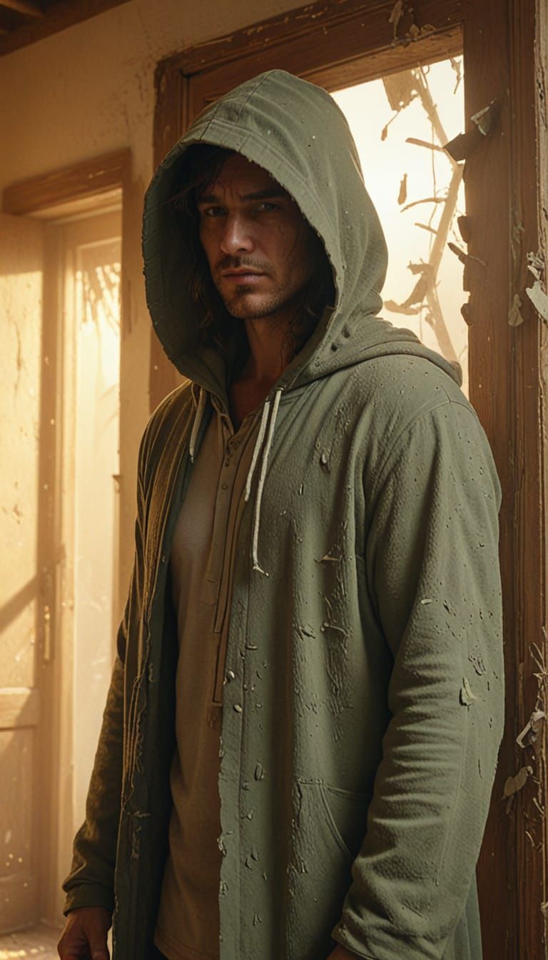 Hooded Sage Before Smashed Door in Warm Light