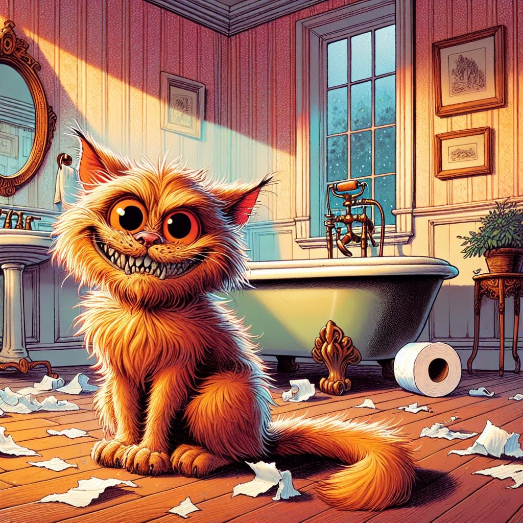 Mischievous Orange Cat in Luxury Bathroom, Digital Painting