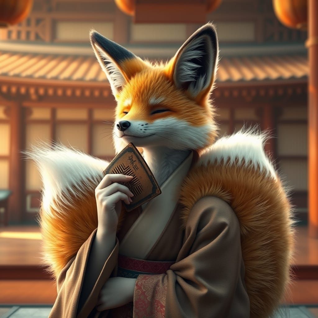 Nine-Tailed Fox Kitsune Grooming in Temple