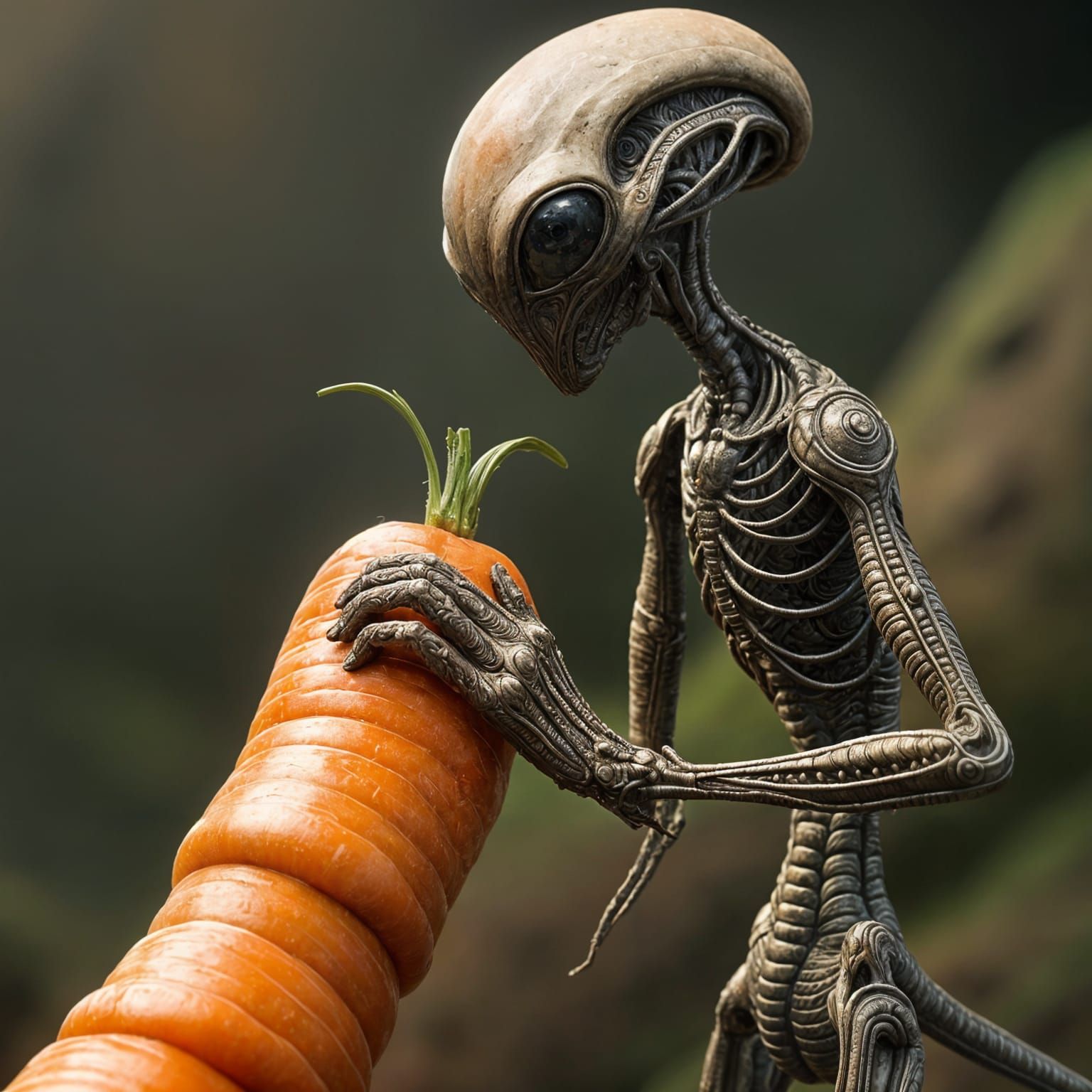 Hyperrealistic Carrot and Alien Handshake in Intimate Detail