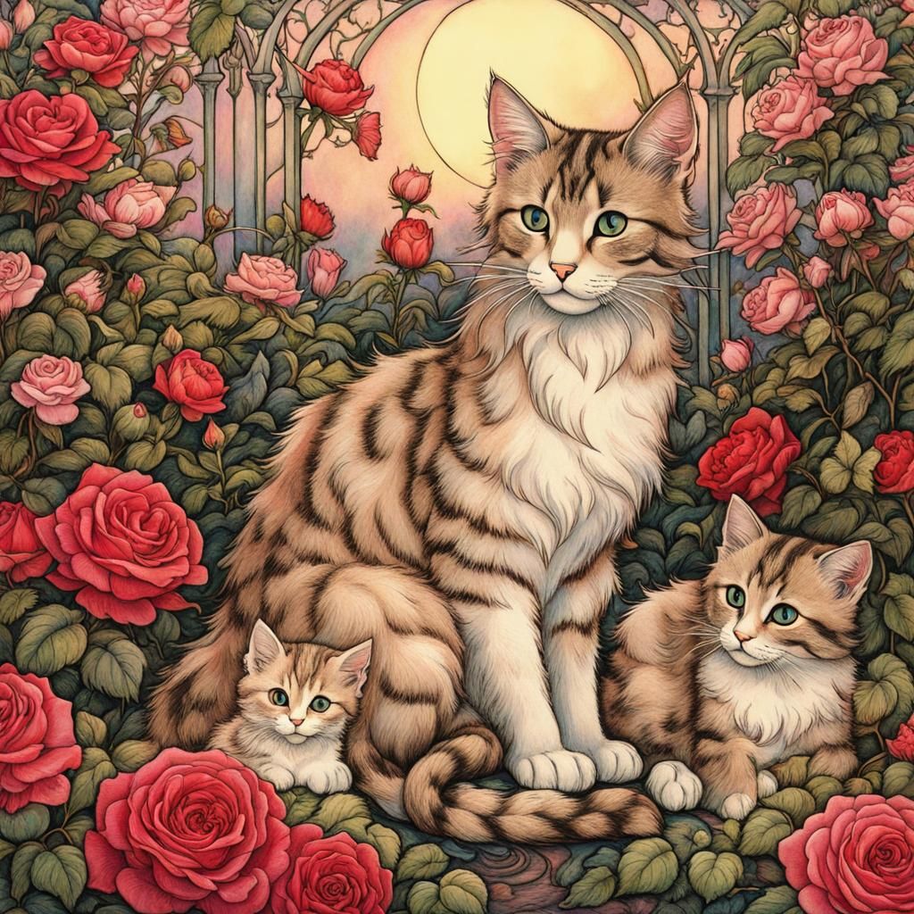 Fairytale Mother Cat and Kittens in Rose Garden