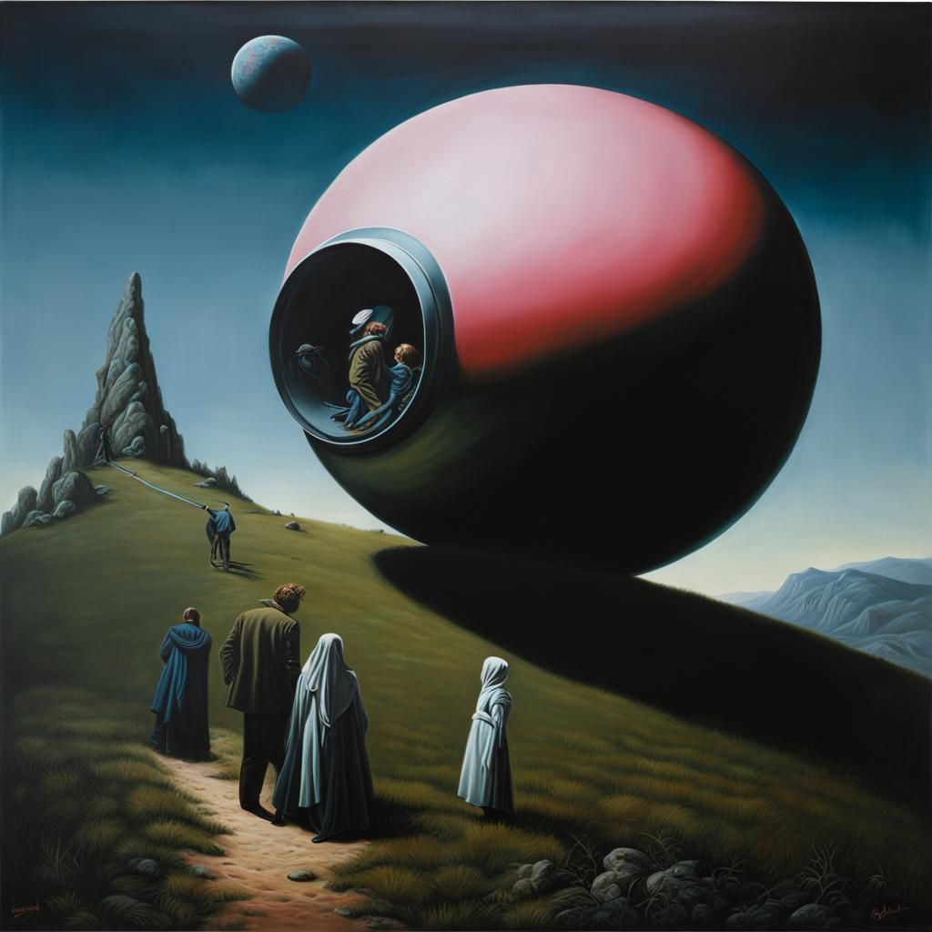 Alien Landing on Hill, Realist Oil Painting