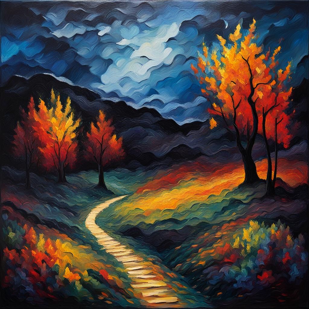 Gloomy Mystical Landscape in Expressionist Oil Painting