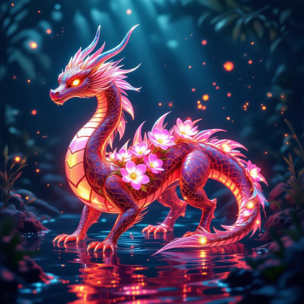 Crystal Dragon with Bioluminescent Flowers: Digital Art