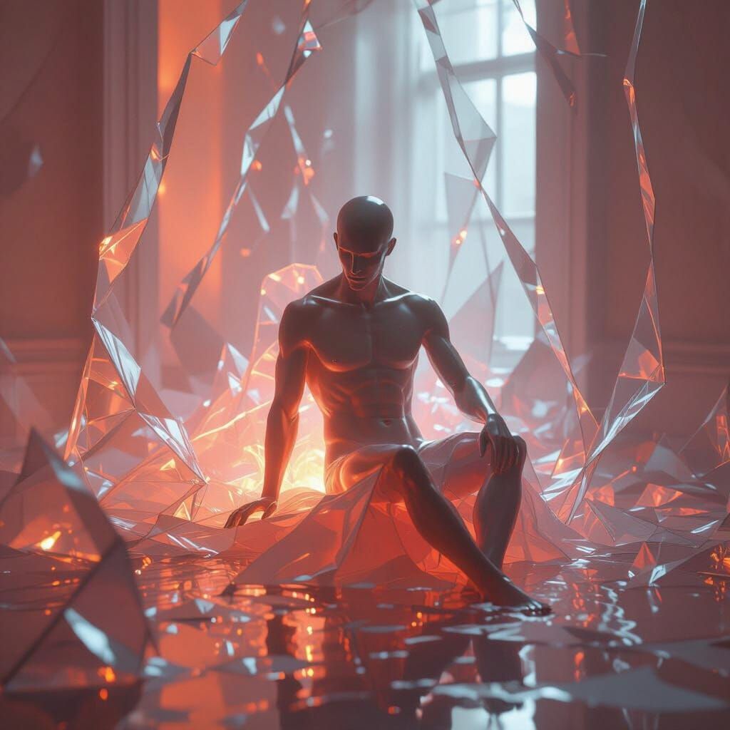 Ethereal Glass Figures in Surreal Lightscape