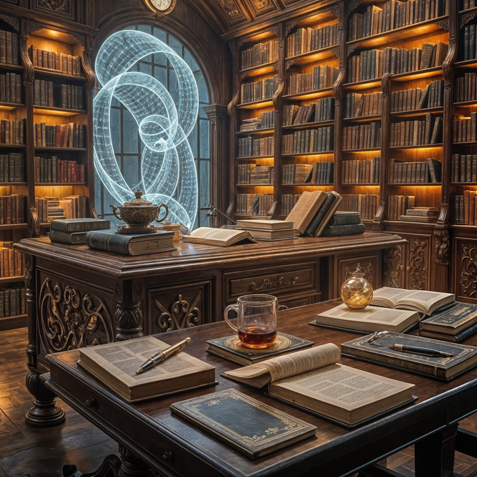 Cozy Librarian's Desk in Futuristic Library