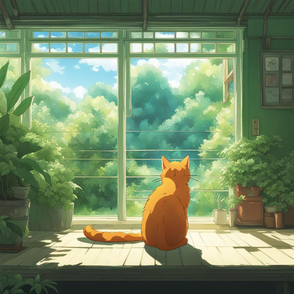 Orange Cat with Green Eyes in Anime Style