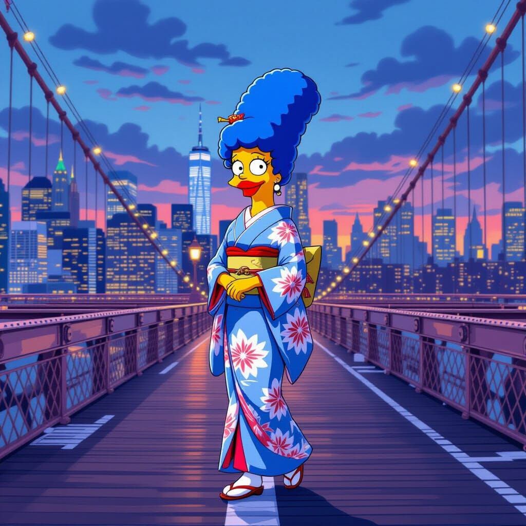 Marge Simpson as Geisha on Brooklyn Bridge at Dusk