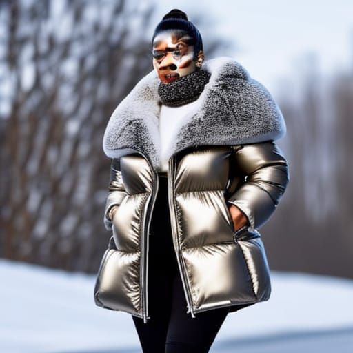 Plus-Size Woman in Shiny Puffer Jacket