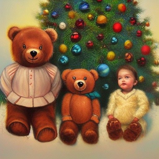 Teddy Bear Family Under Christmas Tree: Expressionist Oil Pa...
