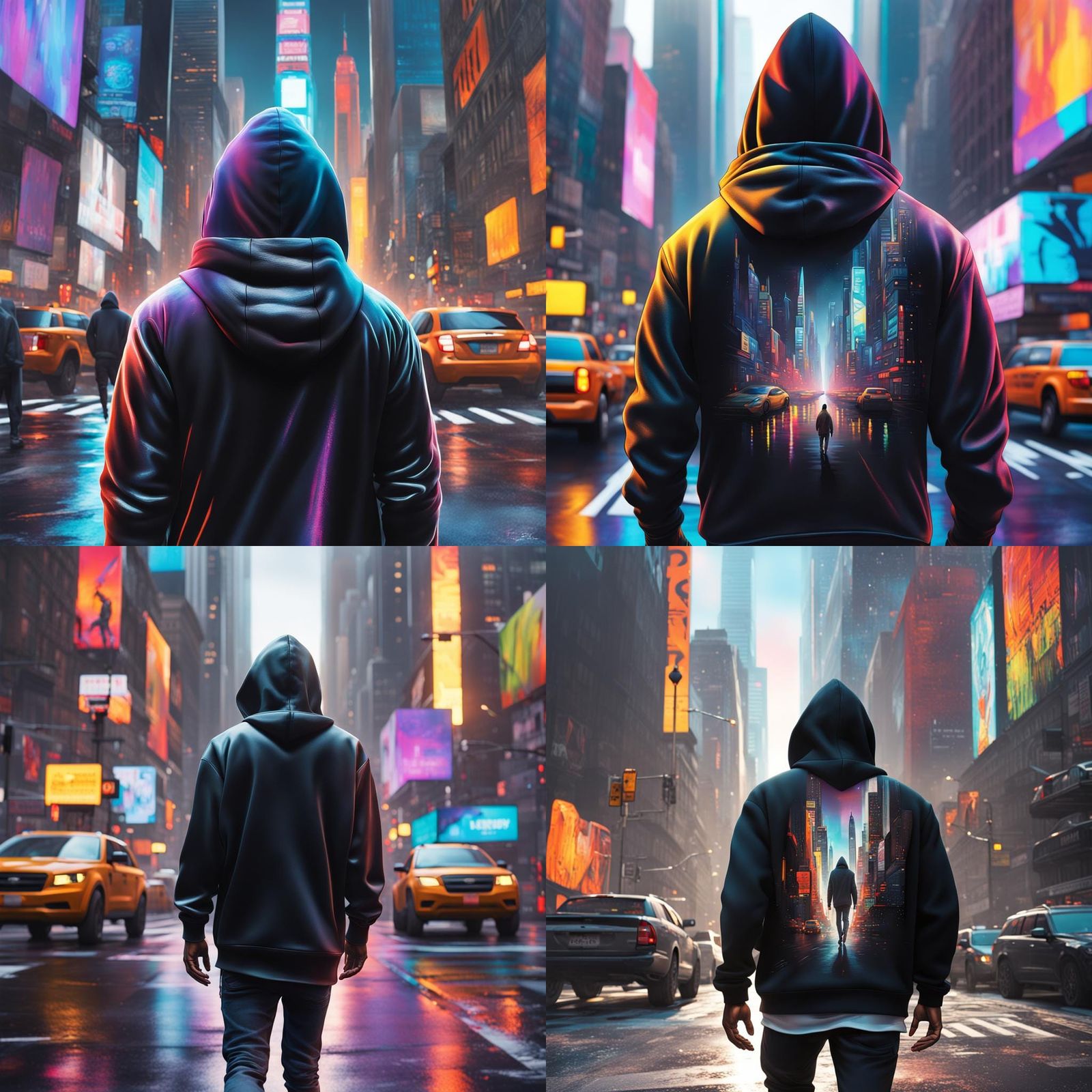 Futuristic NYC: Man in Hoodie, Hyperrealistic Art