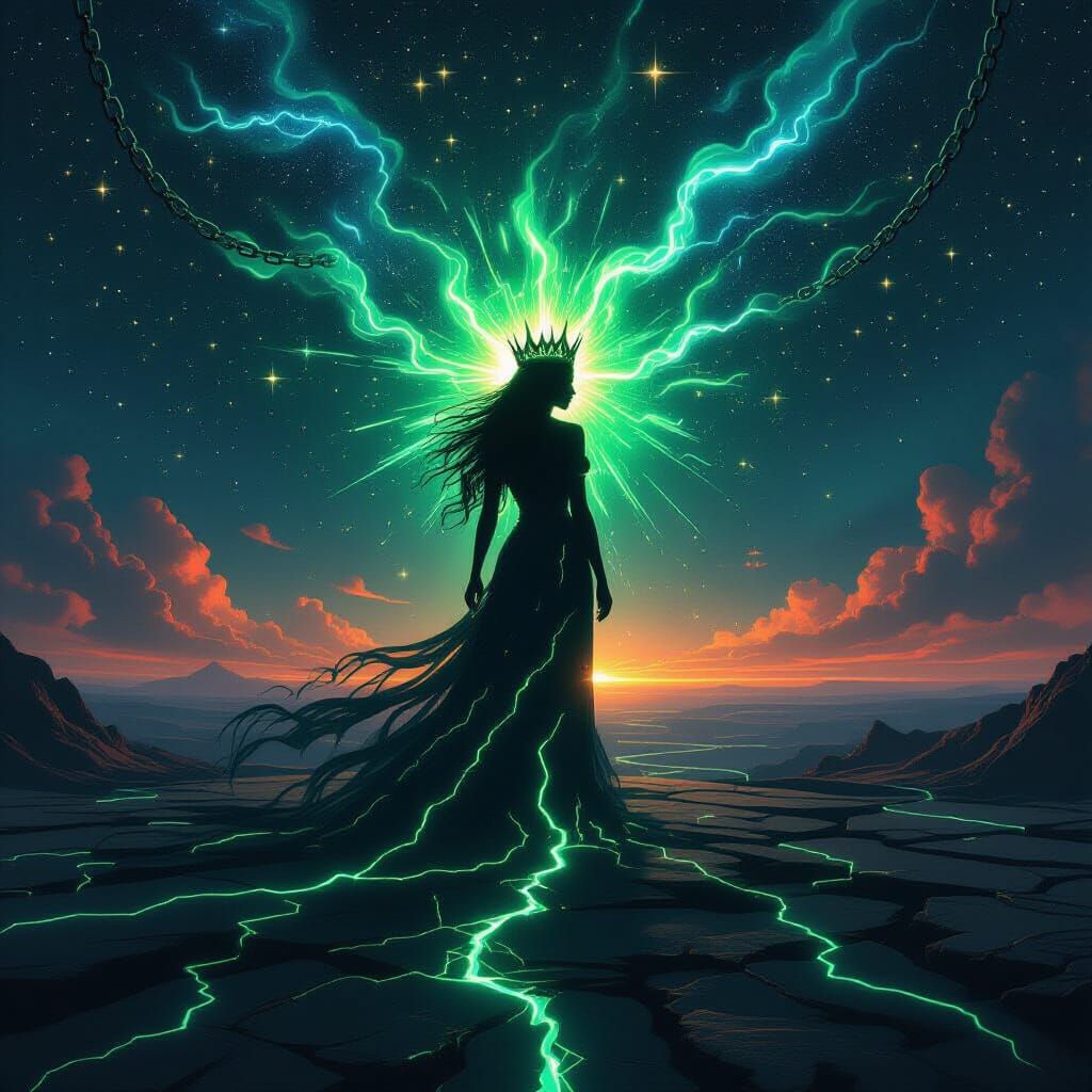 Ascending Figure Crowned in Neon Firelight Becomes Cosmic St...