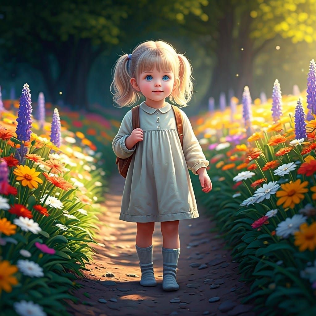 Girl on Floral Path: 3D Anime Watercolor Art