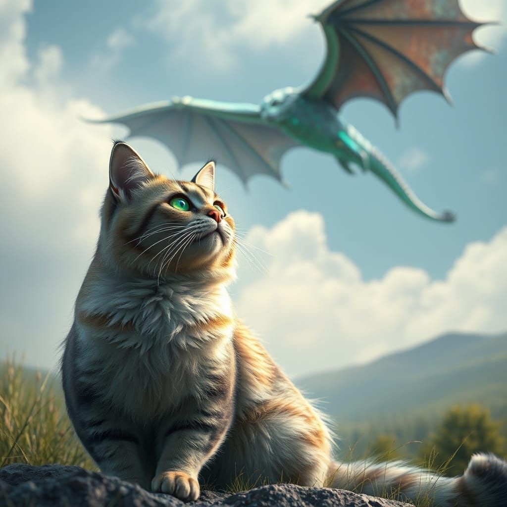 Regal Cat Watches Majestic Dragon Soar
