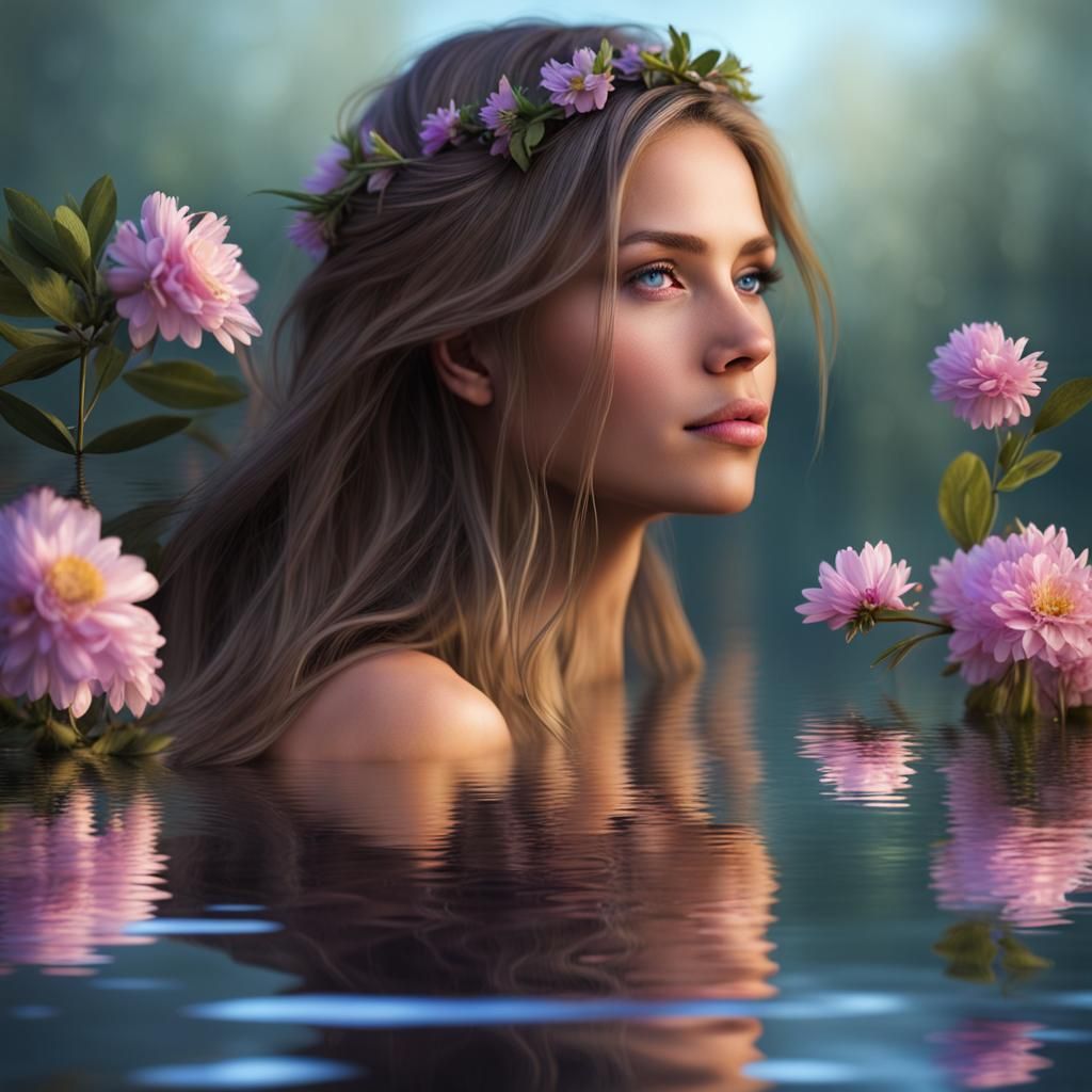 Woman with Blond Hair Stares at Reflection