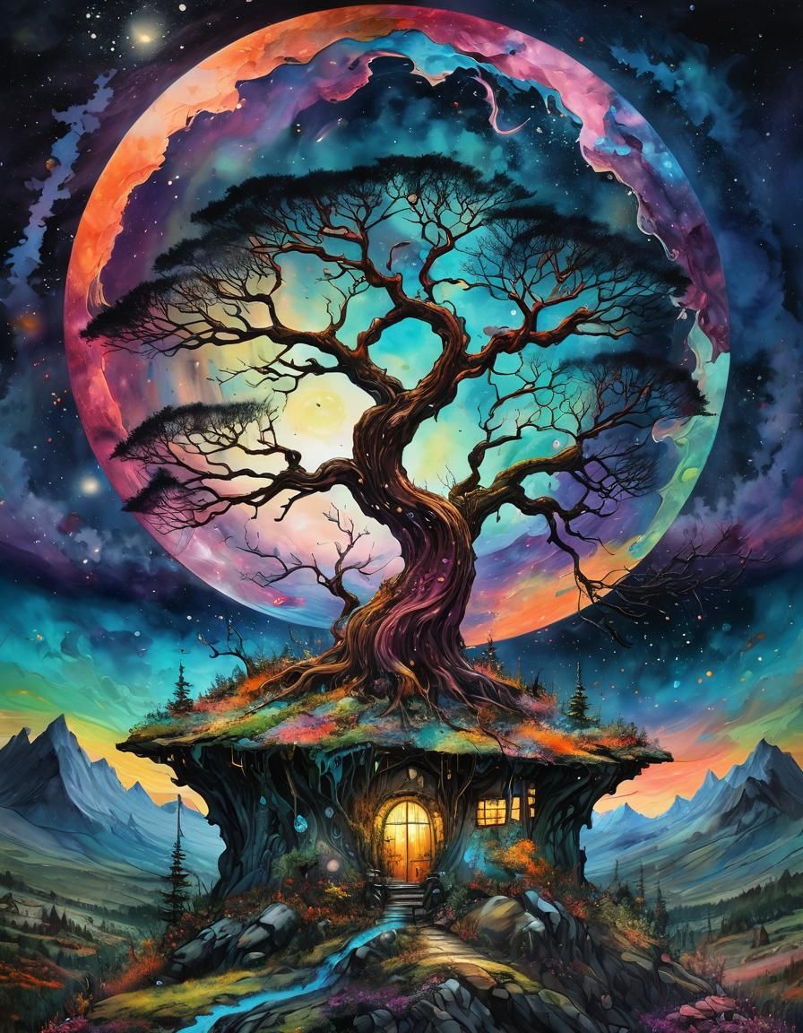 Psychedelic Moon Over Magic Bonsai Town