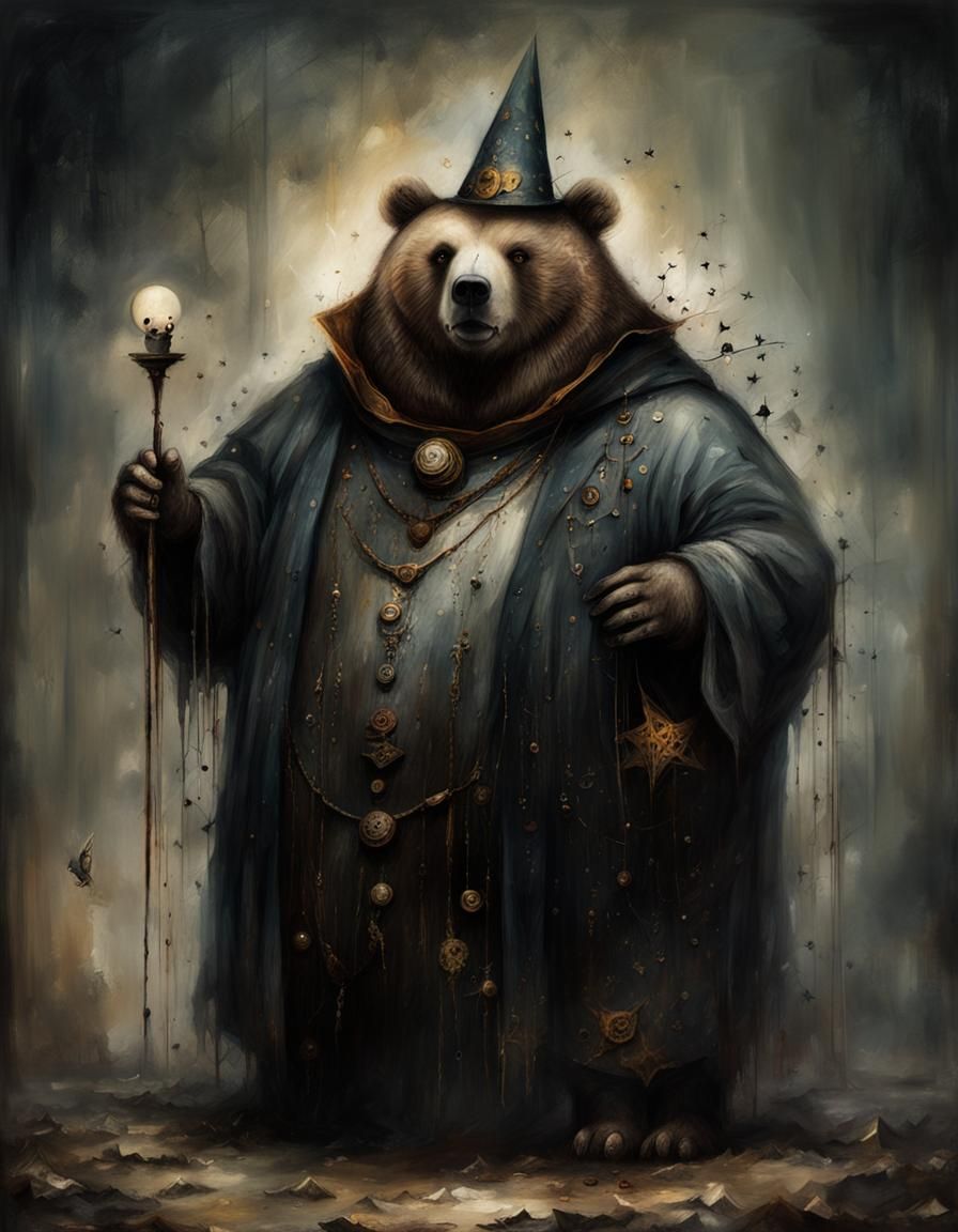 Demonic Cyborg Bear Wizard Portrait in Volcanic Landscape