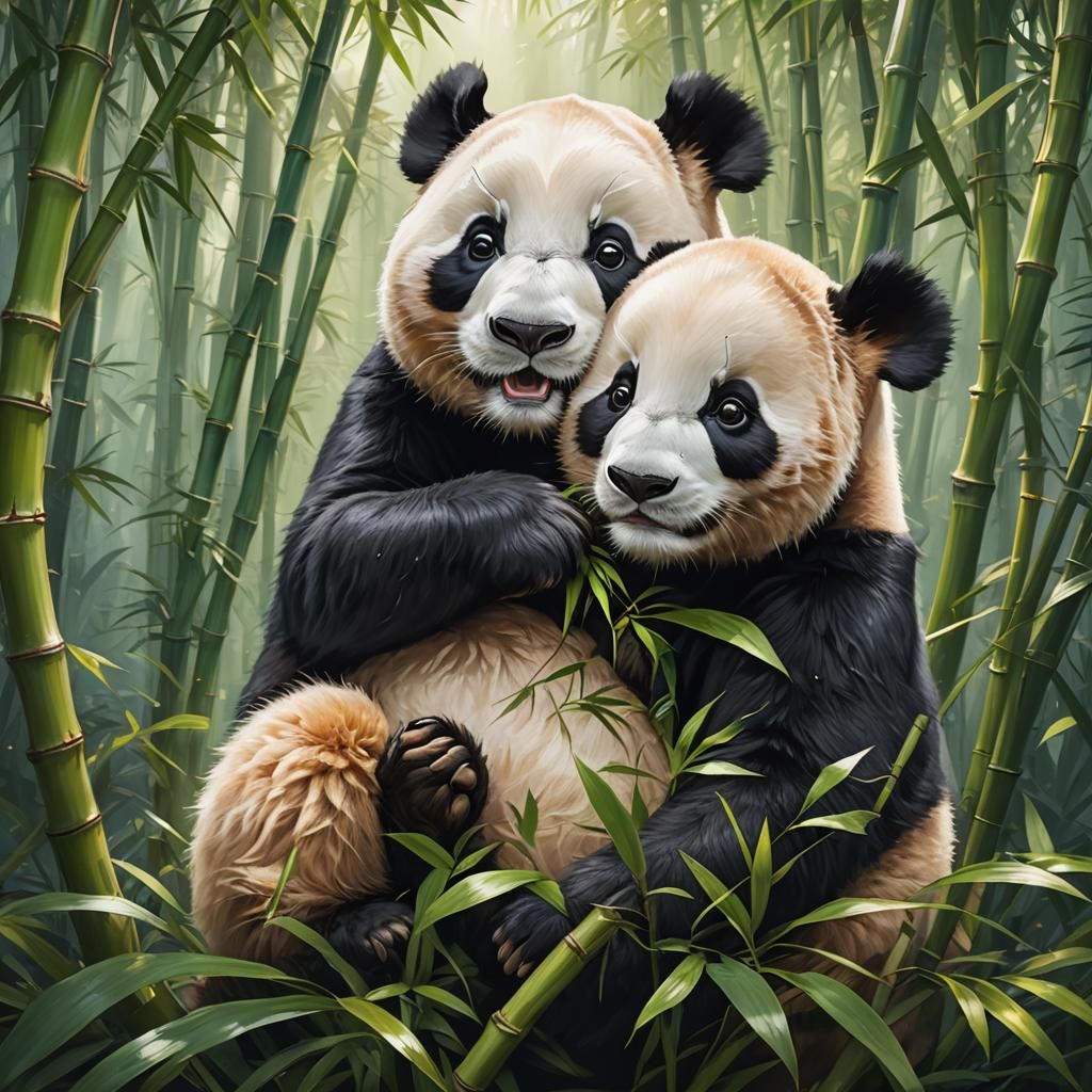 Adorable Pandas Cuddle in Bamboo Forest