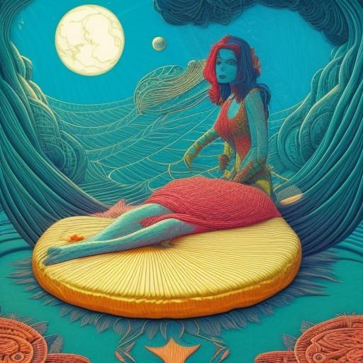 Surreal Bird-Woman in Neon Sun and Moon Bed