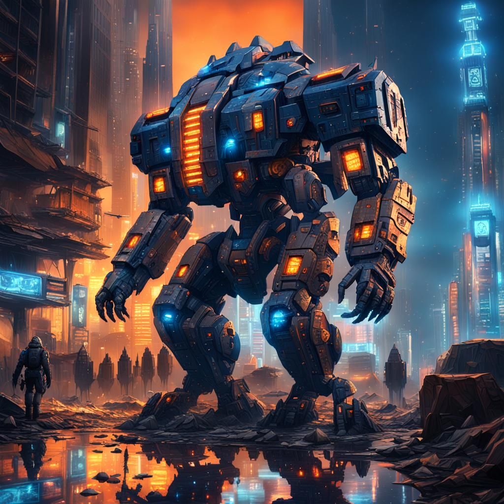 Futuristic Mech Kaiju in Ruined Cityscape