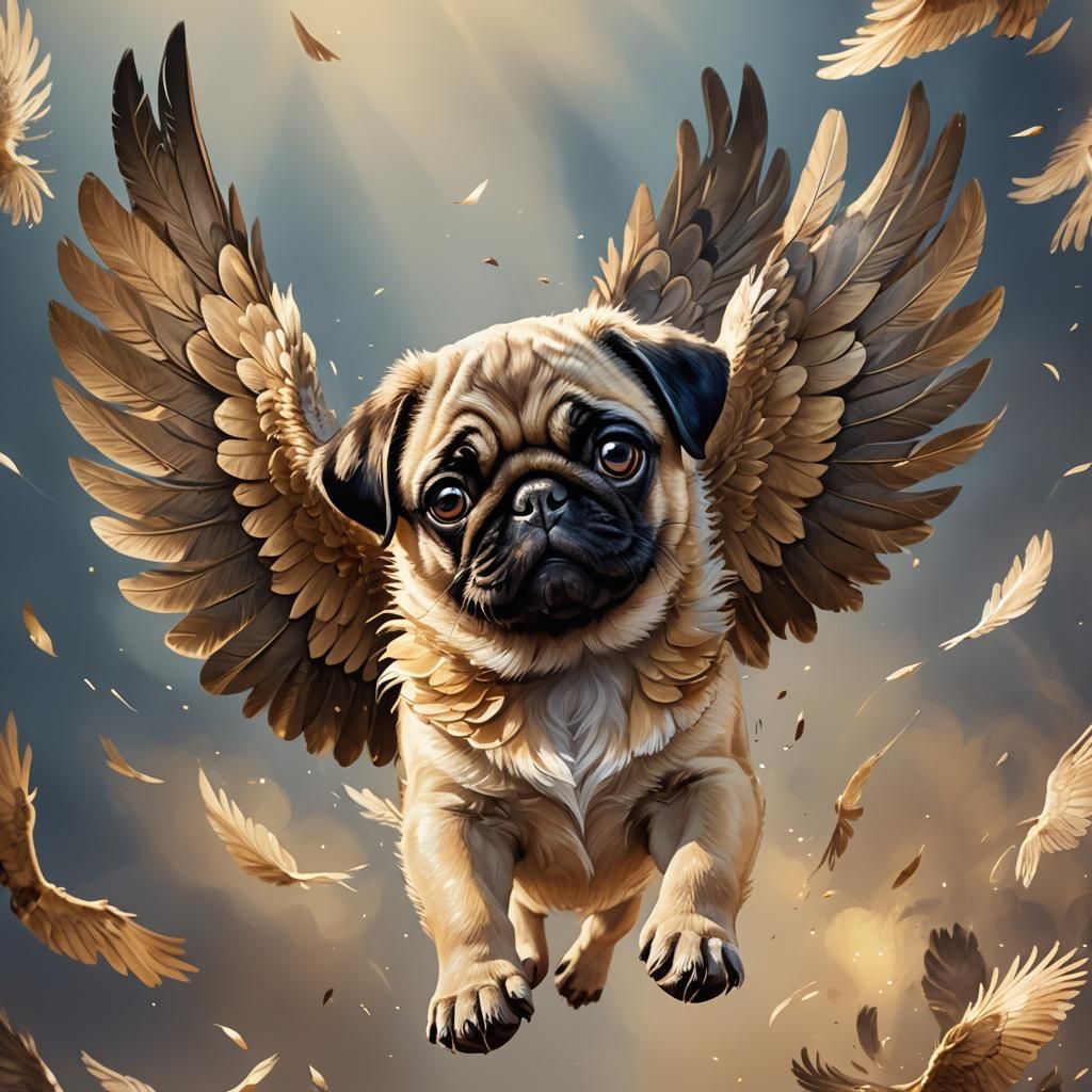 Flying Pug Puppy with Eagle Wings Illustration