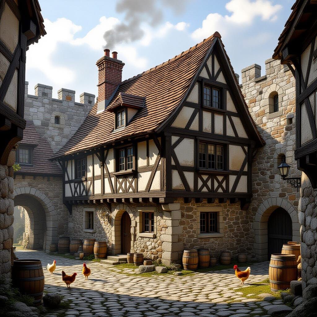Medieval Servants' House in Castle Courtyard, Realistic Deta...