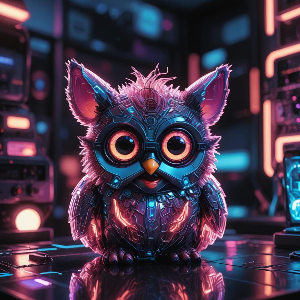 Neon Sci-Fi Furby in Retro-Futuristic Style