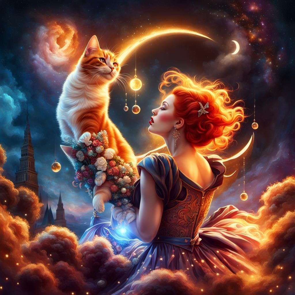 Woman on Melting Moon in Rossetti Style