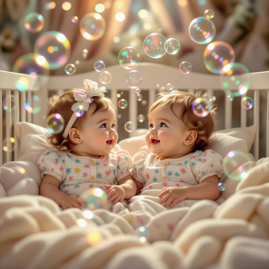 Joyful Babies Playing with Bubbles in Soft Light