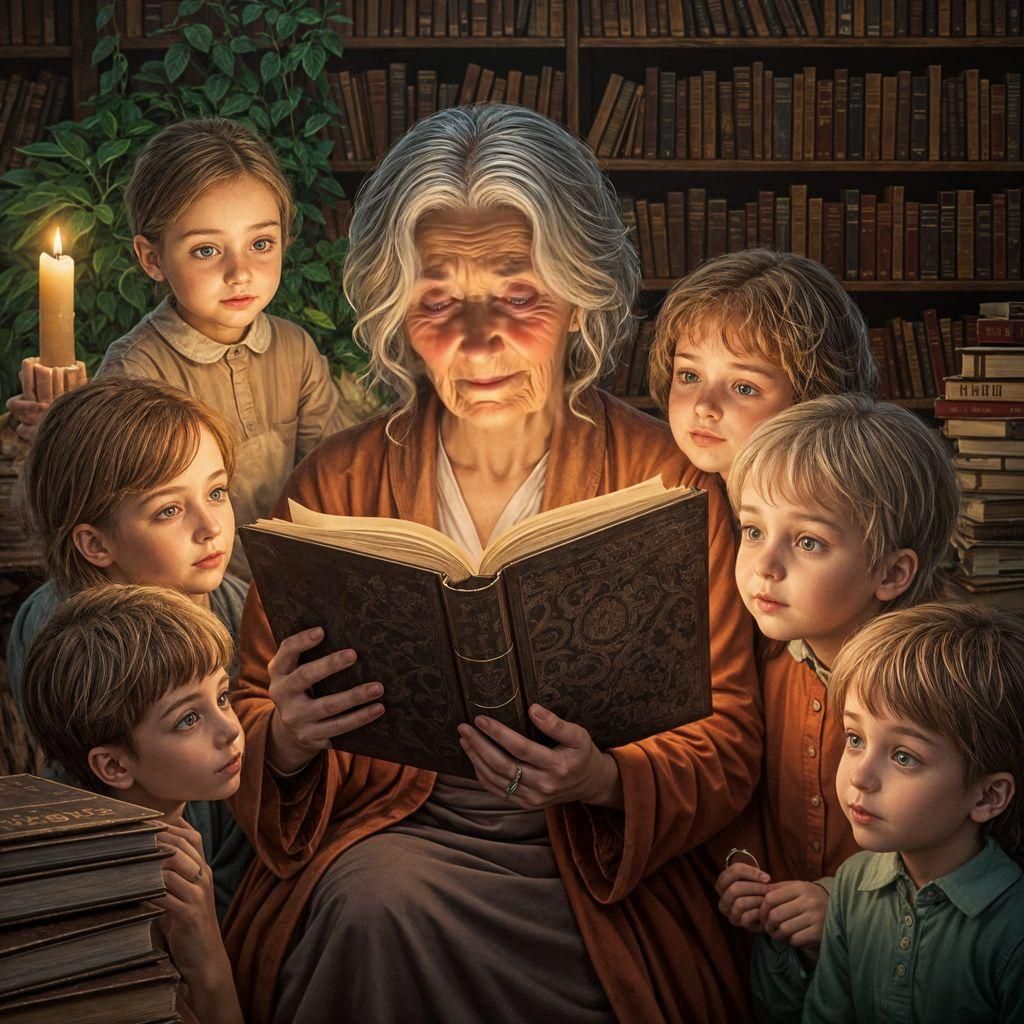 Heartwarming Image of Wise Woman Reading to Children