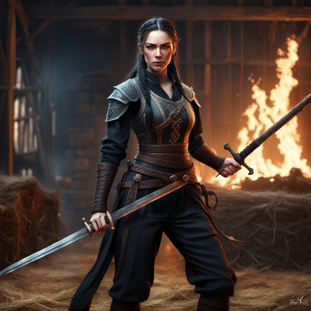 Medieval Apprentice Warrior in Burning Barn