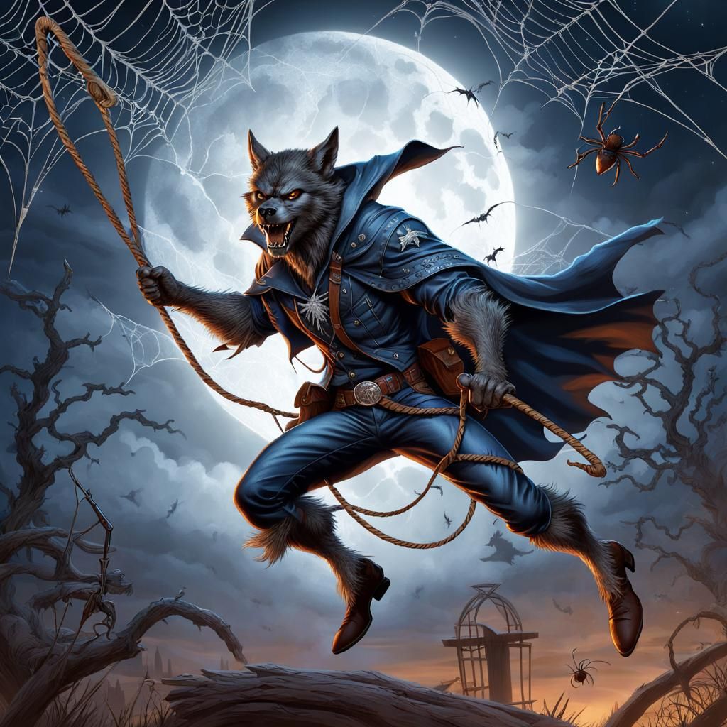 Werewolf Cowboy Lassoing Spider in Silver Cobweb
