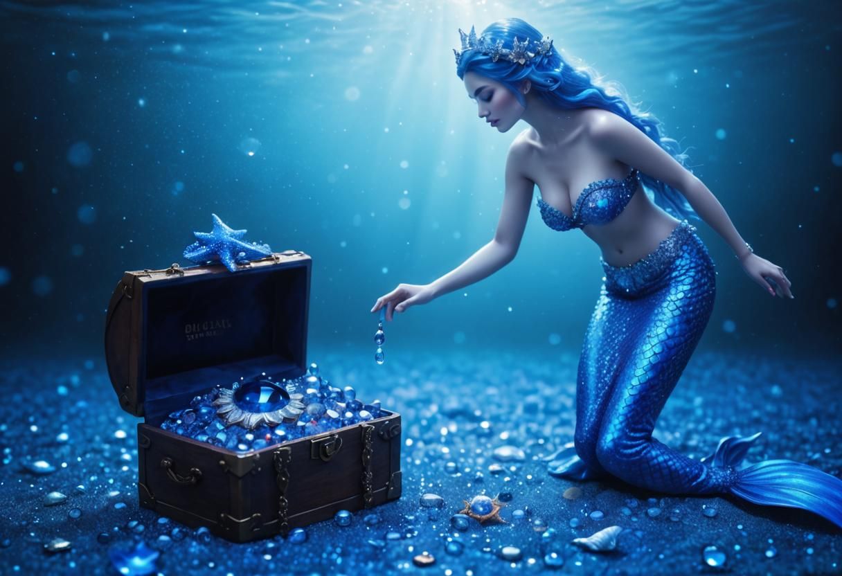 Blue Mermaid Reaching for Sapphire Gems in Digital Art