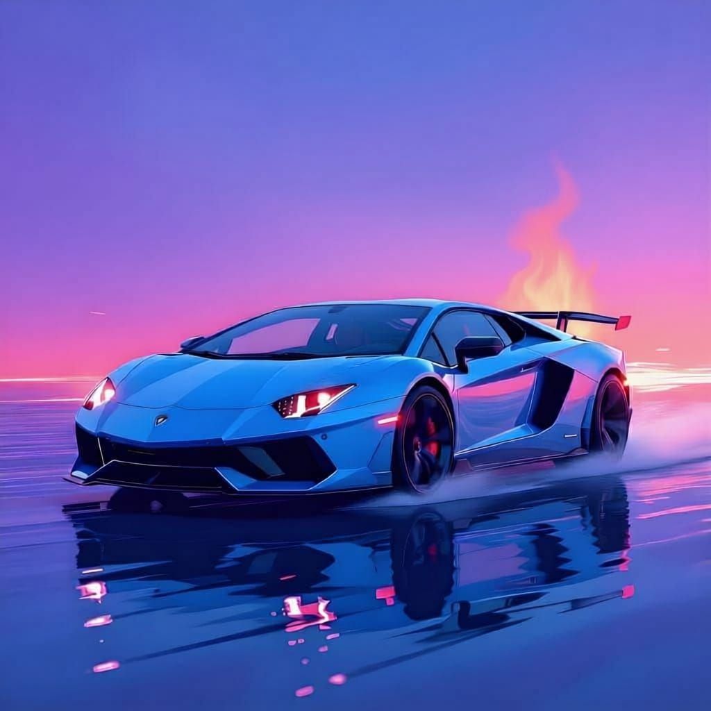 Blue Lamborghini Speeds on Violet Water with Red Headlights