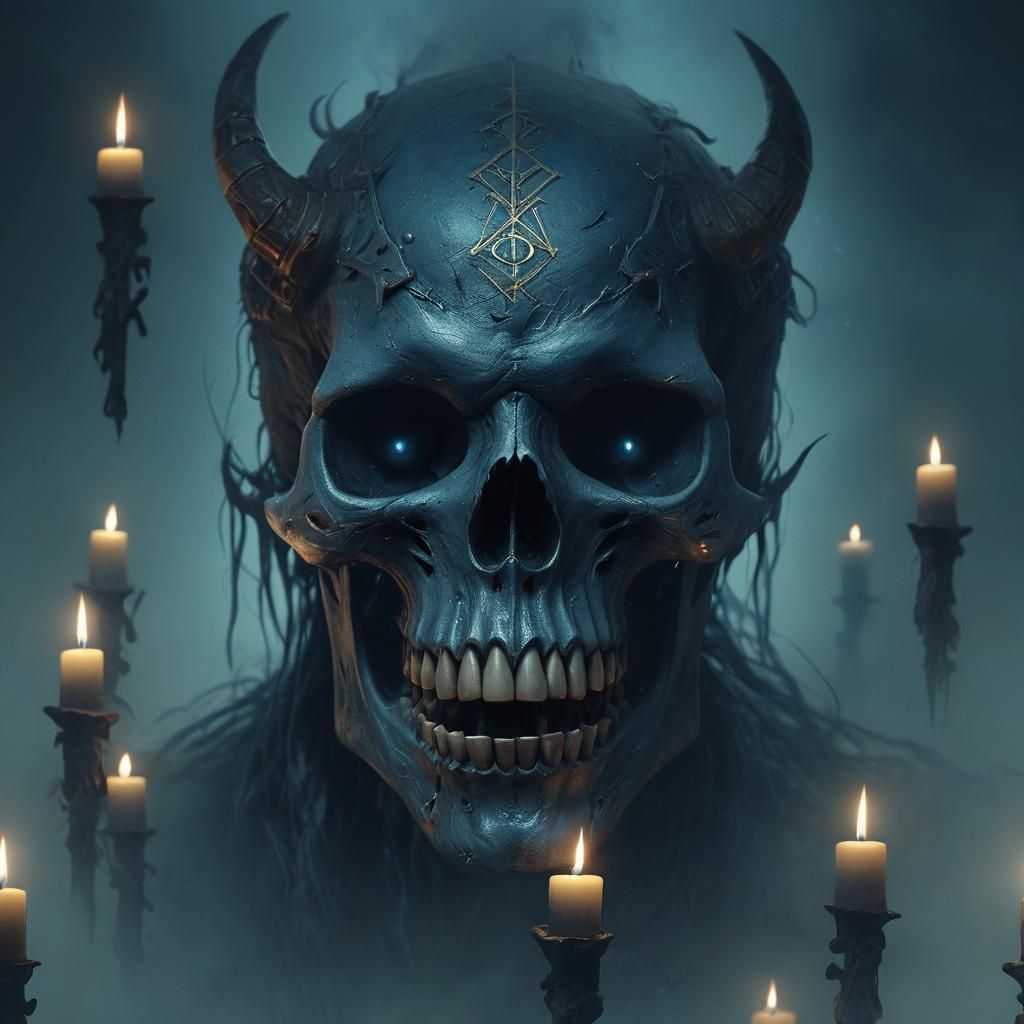 Grotesque Skull Emerges from Mist in Dark Fantasy