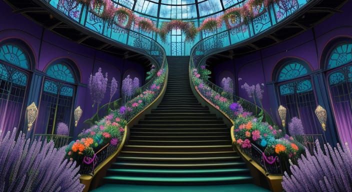 Surreal Mansion Greenhouse Staircase with Flowers
