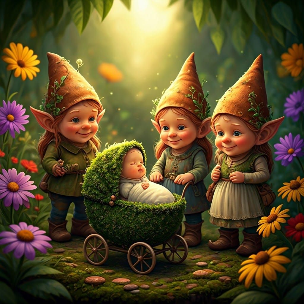 Garden Gnomes Gather Around Newborn in Whimsical Garden Sett...
