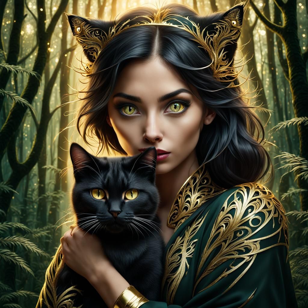 Woman and Cat in Fantasy Forest with Gold Gilding