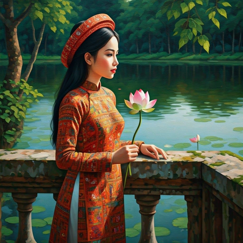 Vietnamese Woman in Folk Art Oil Painting