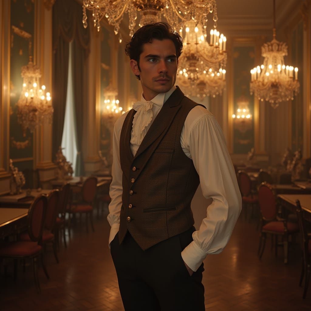 Regency-Era Portrait of Man in Candlelit Ballroom